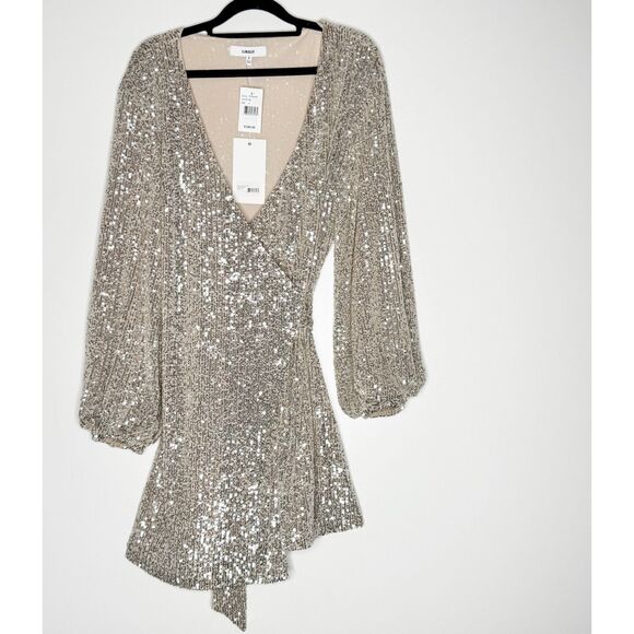 NEW Likely Lange Silver Sequin Tie Waist Wrap Dress Women's Size 4 - Picture 1 of 8